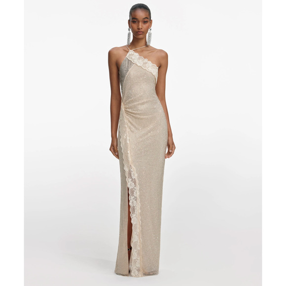 Self-Portrait Champagne Rhinestone Lace Trim Maxi Dress US 6 - Picture 1 of 10